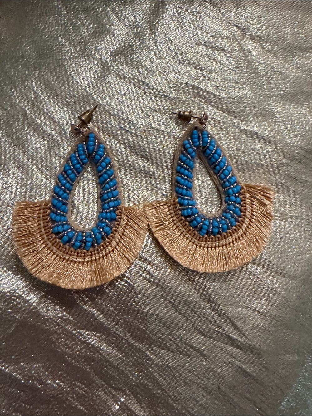 Blue Beaded Teardrop Fringe Earrings - Unbranded